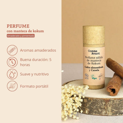 Perfume sólido amaderado y especiado con manteca de kokum Almizcle y Palo de Ho Comme Avant 20 ml