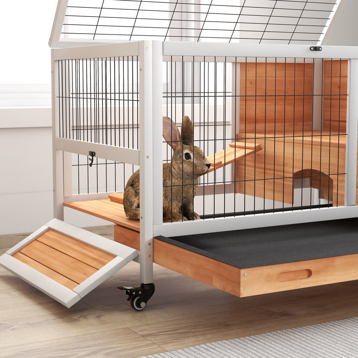 Pawhut Jaula Para Conejos De Madera 90x53x59cm Techo Abrible Rampa Bandeja_3