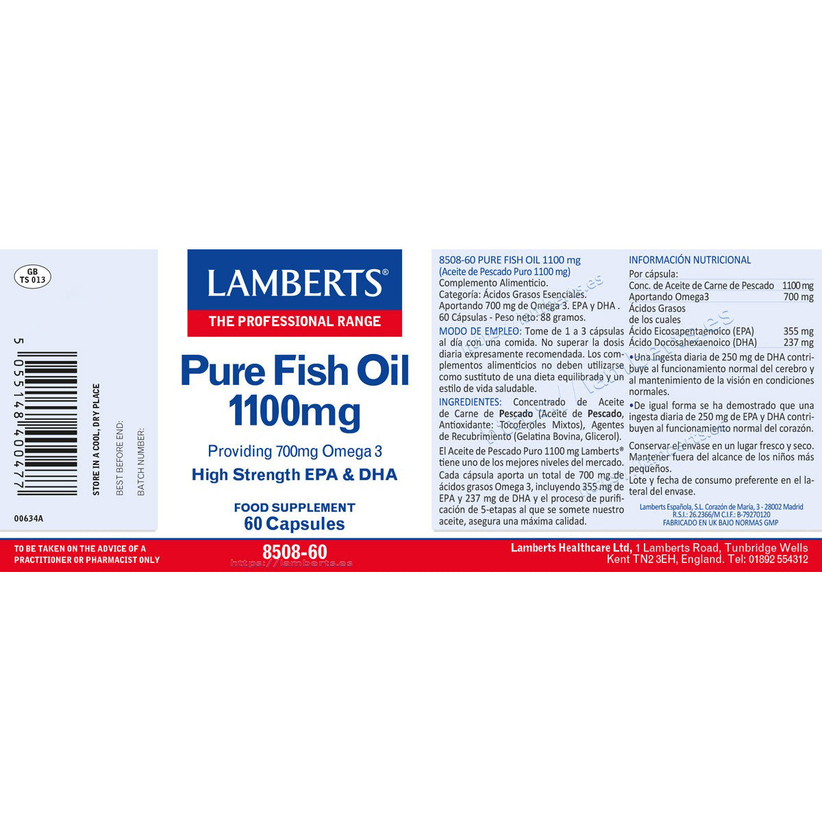 Aceite de Pescado Puro, Lamberts 60 cápsulas