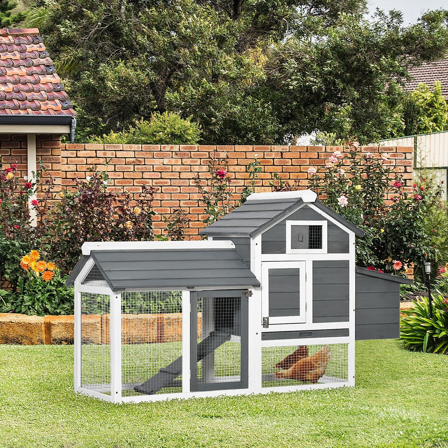 Pawhut Gallinero De Madera Para Exterior Corrales Alambre 150,5x54x87cm Gris_1