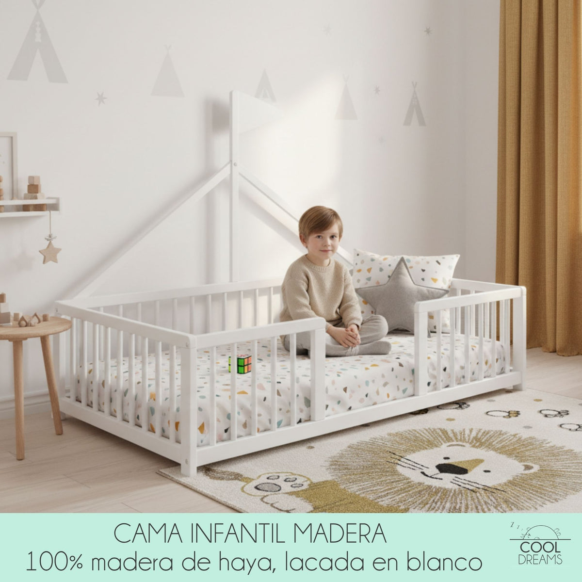 Cama Montessori Apache 140×70 Cm De Madera De Haya Con Colchón Sanitario Ternum, Color Blanco_1