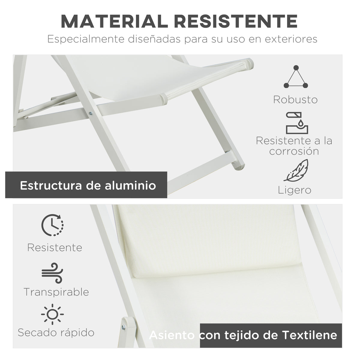 Outsunny Conjunto De 2 Tumbonas Plegables De Aluminio 60x100x85 Cm Blanco_5