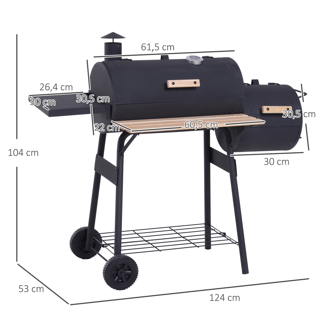 Outsunny Barbacoa De Carbón Con Termómetro Ruedas Estantes Madera 124x53x108cm_2