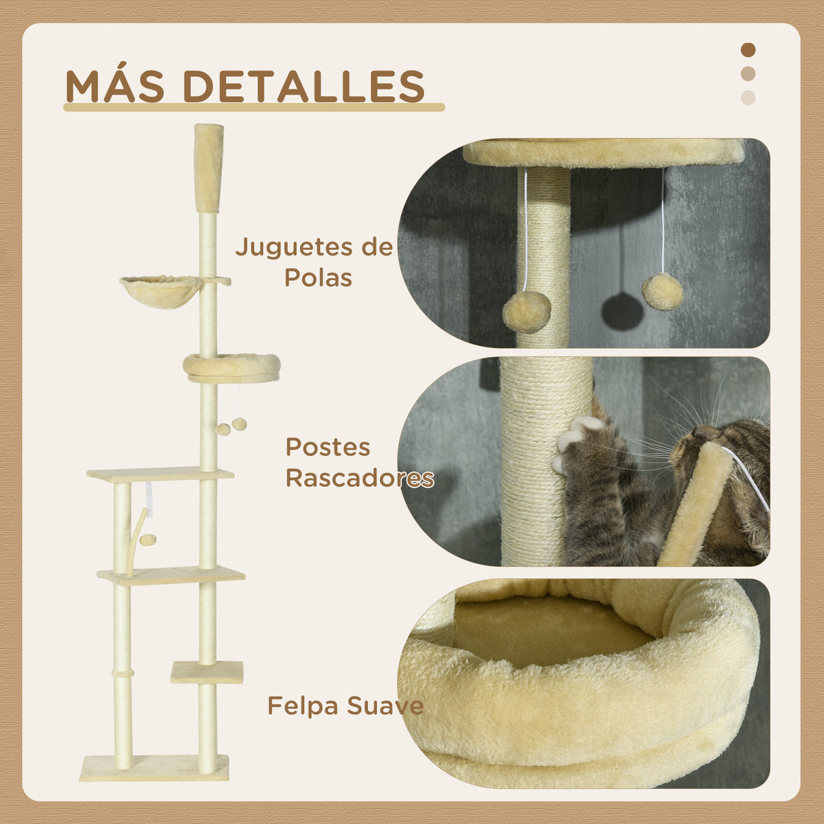 Pawhut Árbol Para Gatos De Suelo A Techo De 230-250cm Con Altura Ajustable Beige_5
