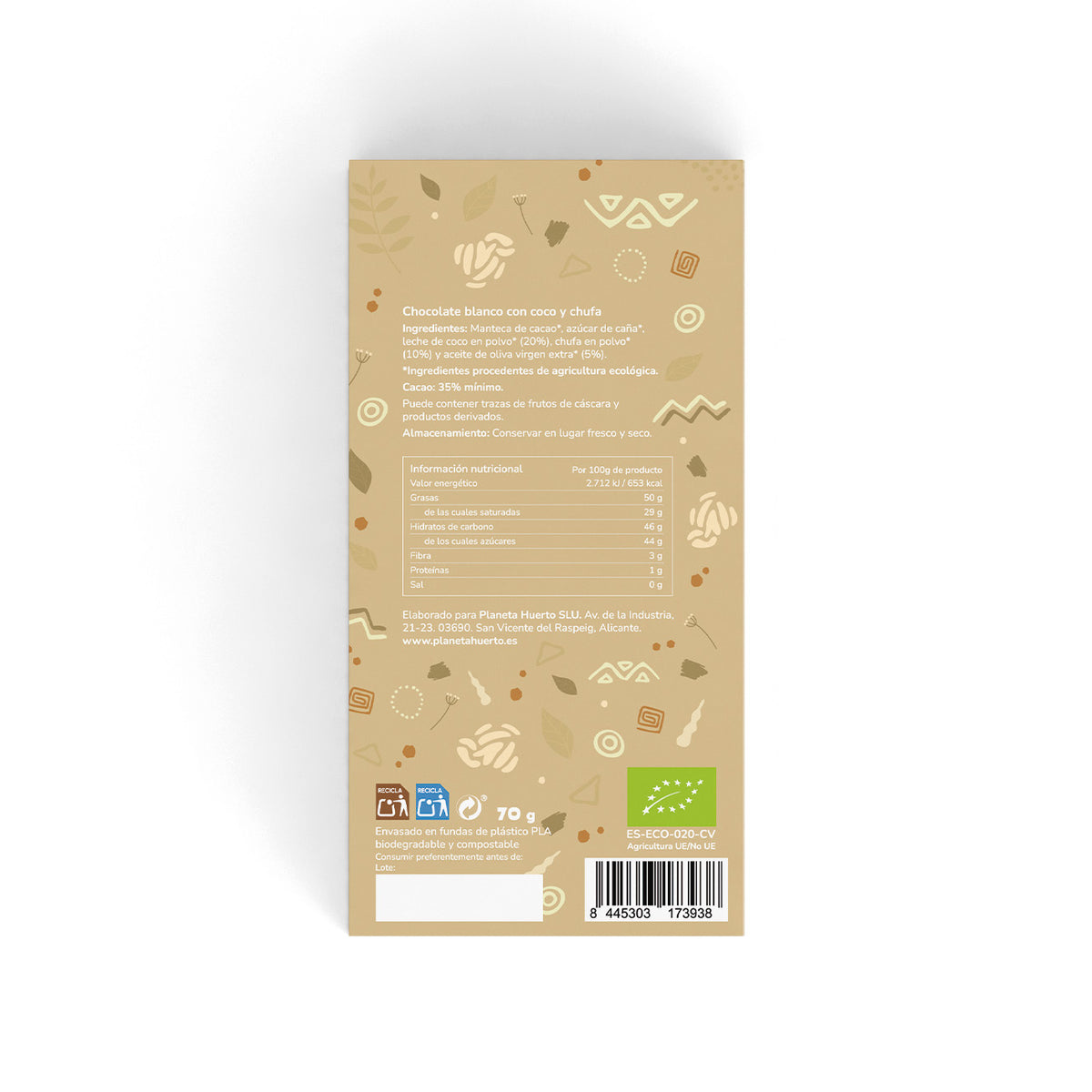 Tableta chocolate blanco vegano 35% ECO Planeta Huerto 70 g