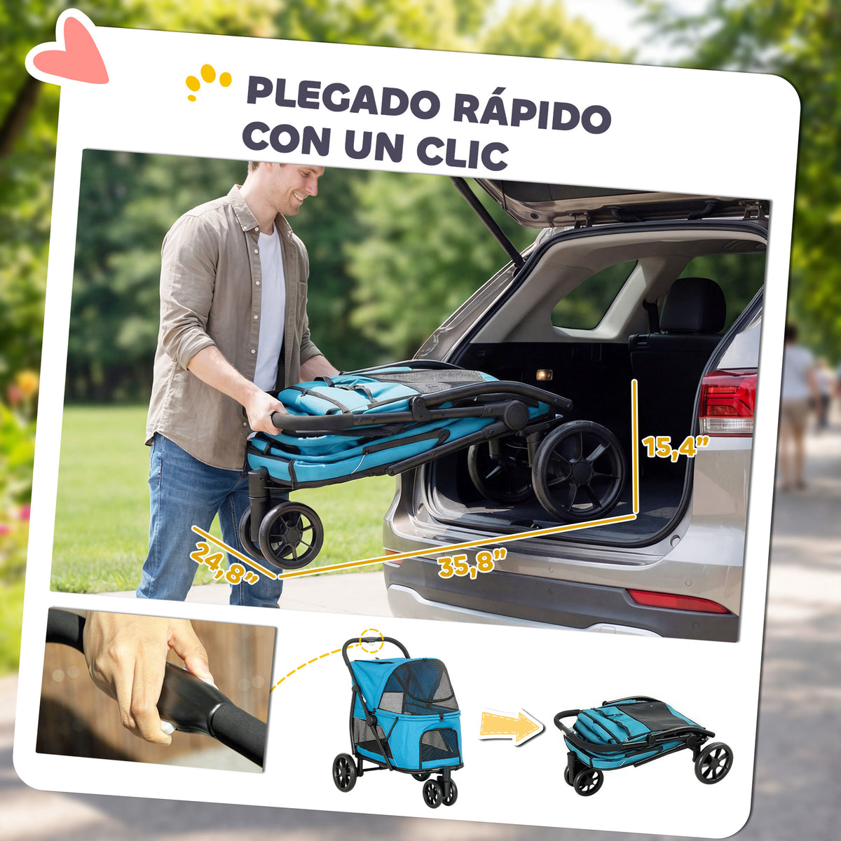Pawhut Carrito Para Perros Medianos Plegable Con 3 Ruedas Cojín Lavable Azul_3