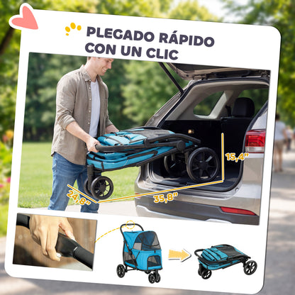 Pawhut Carrito Para Perros Medianos Plegable Con 3 Ruedas Cojín Lavable Azul_3