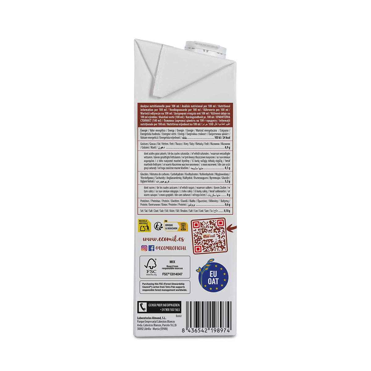 Bebida Vegetal de Avena Sin Azúcar Bio ECOMIL 1 L