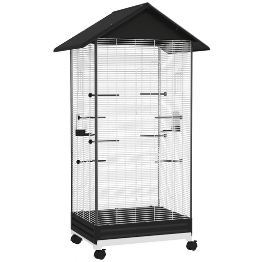Pawhut Jaula Para Pájaros Con Ruedas Bandeja Extraíble 79x65x155 Cm Negro_0
