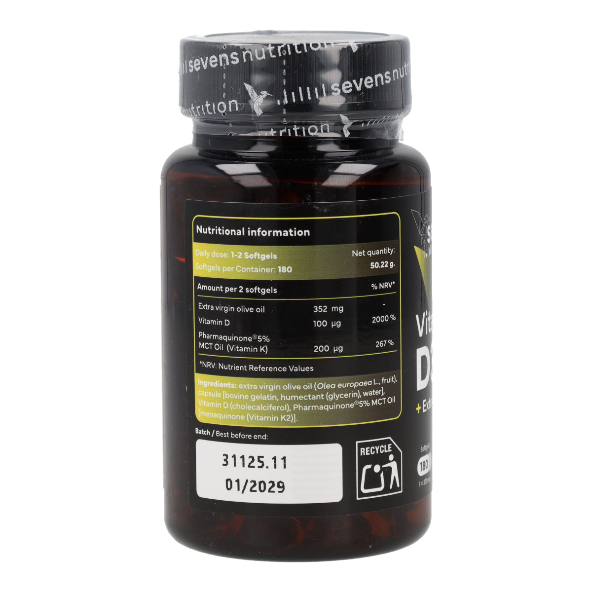 Vitamina D3 + K2 Sevens Nutrition 180 cápsulas