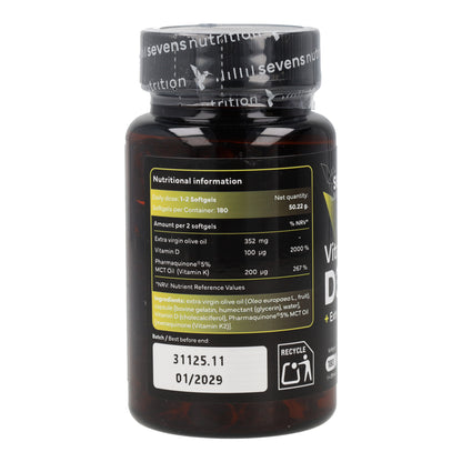 Vitamina D3 + K2 Sevens Nutrition 180 cápsulas