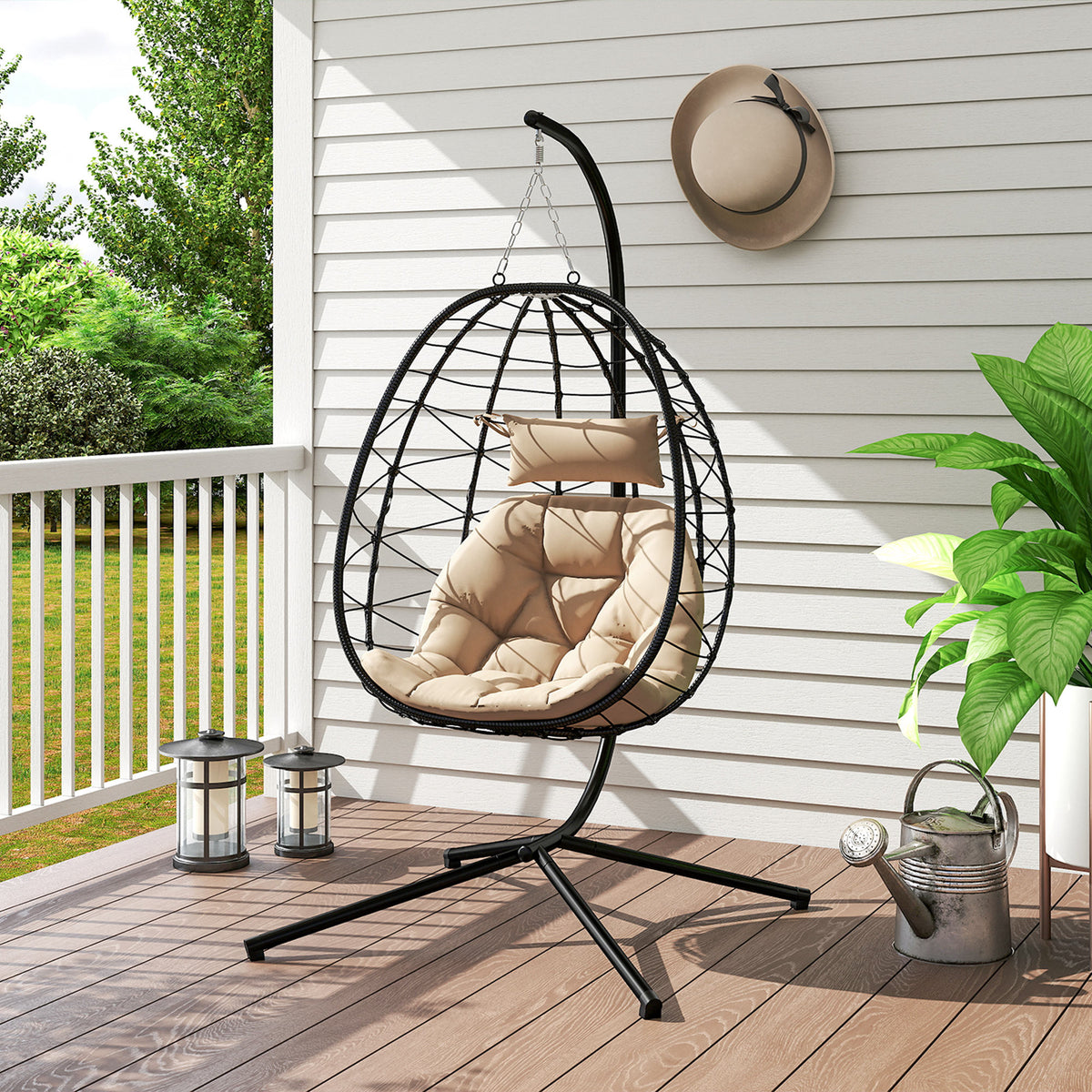 Outsunny Silla Colgante Huevo Con Soporte Con Cesta Plegable Cojín Caqui_4