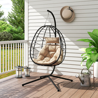 Outsunny Silla Colgante Huevo Con Soporte Con Cesta Plegable Cojín Caqui_4