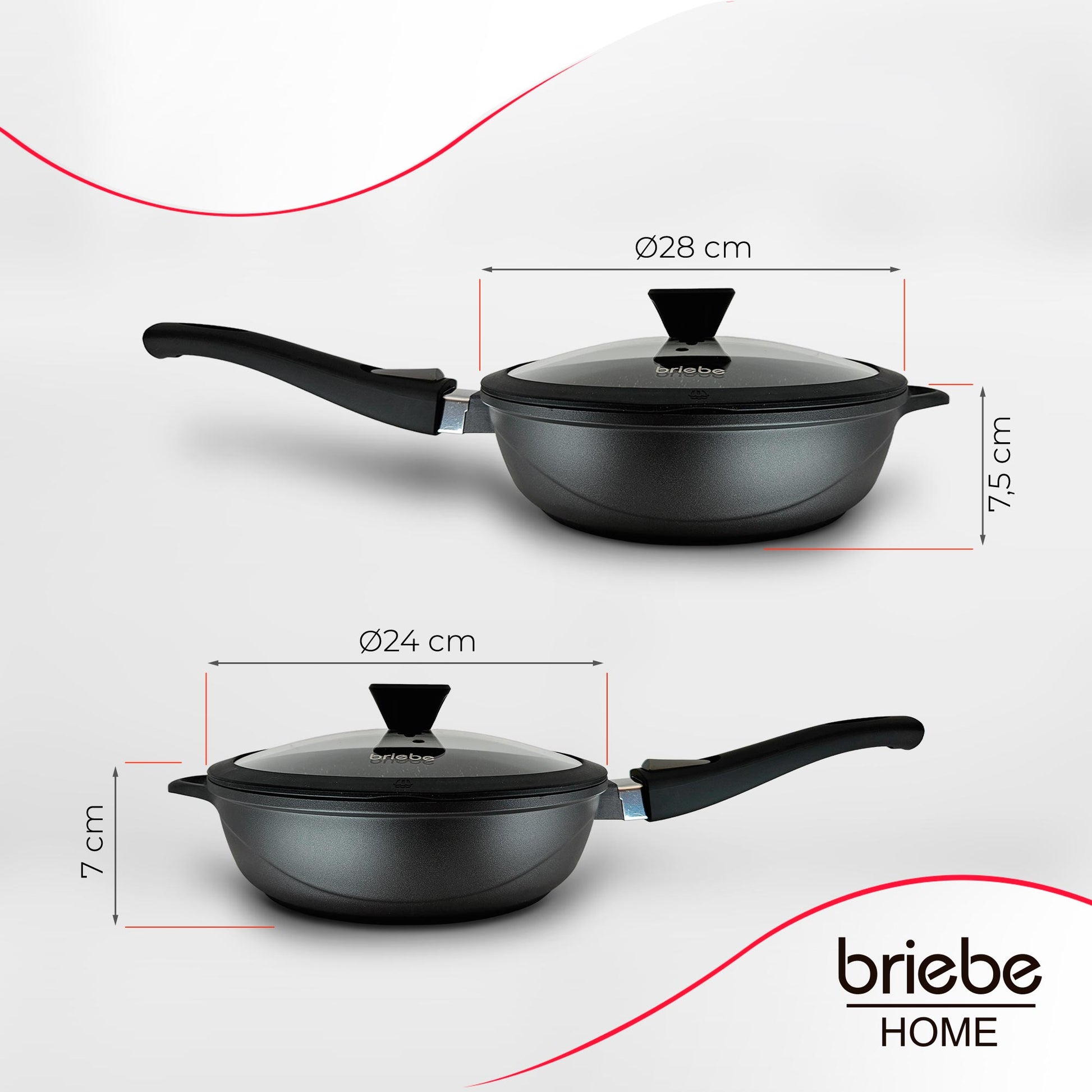 Briebe Set 2 Sartenes Inducción Antiadherentes, Mango Extraíble, Hondas, 24/ 28 Cm Sin Pfoa, Tapas, Mgk19s, Negro_5