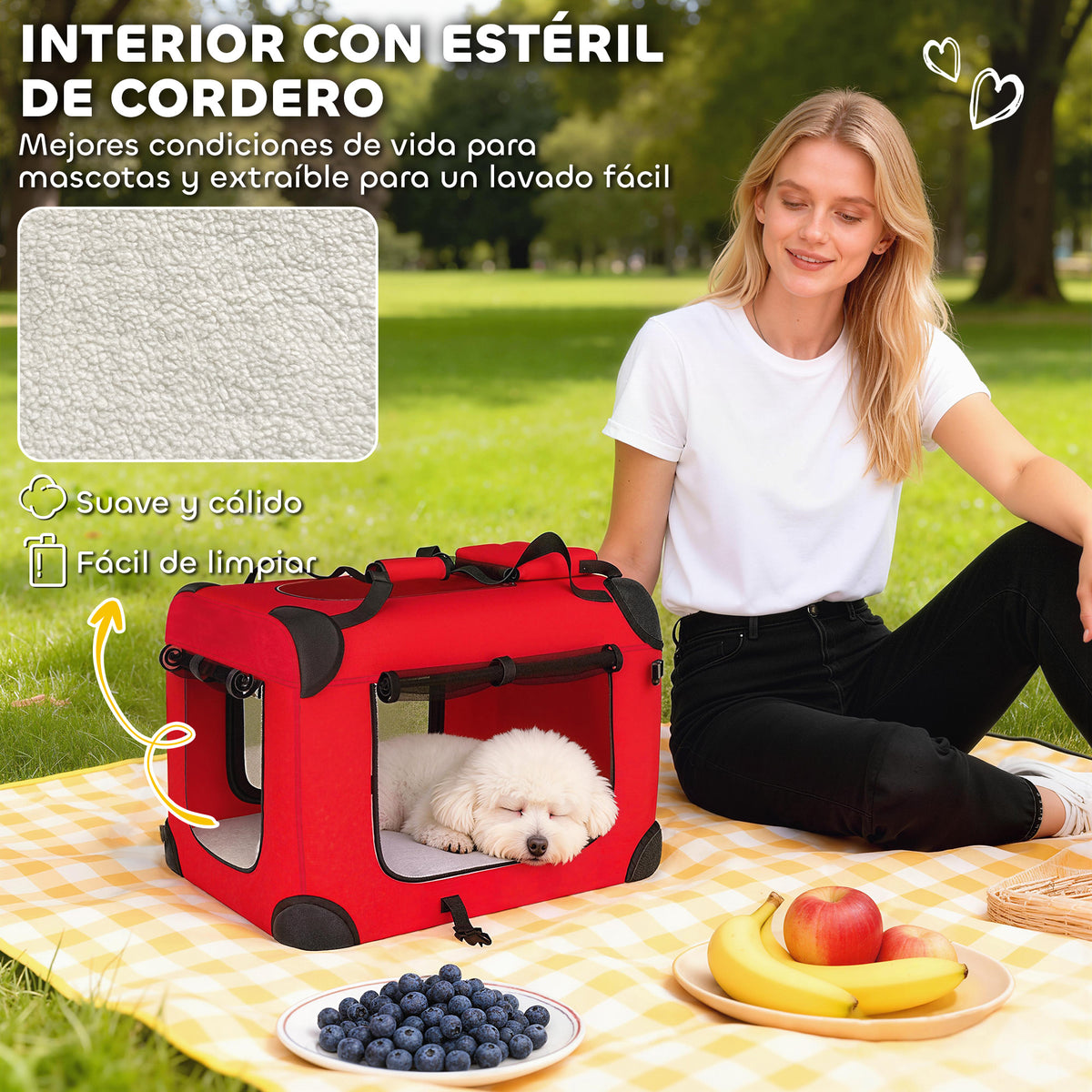 Pawhut Transportín Perro Gato Plegable 60x41,5x41 Cm Con Puertas Cojín Rojo_3