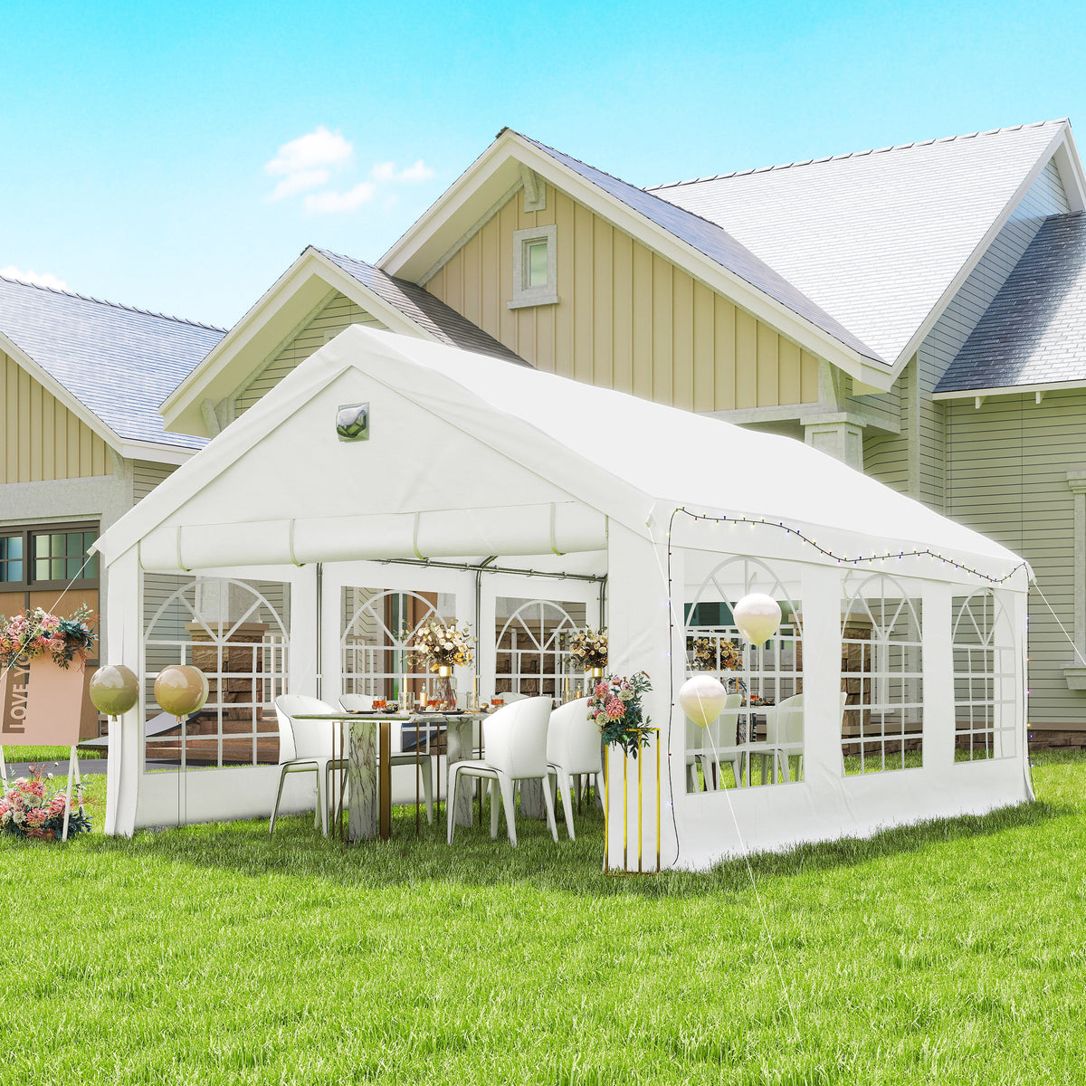 Outsunny Carpa Para Fiesta 4x6 M Con Luces Led Paredes Extraíbles Puertas Blanco_1