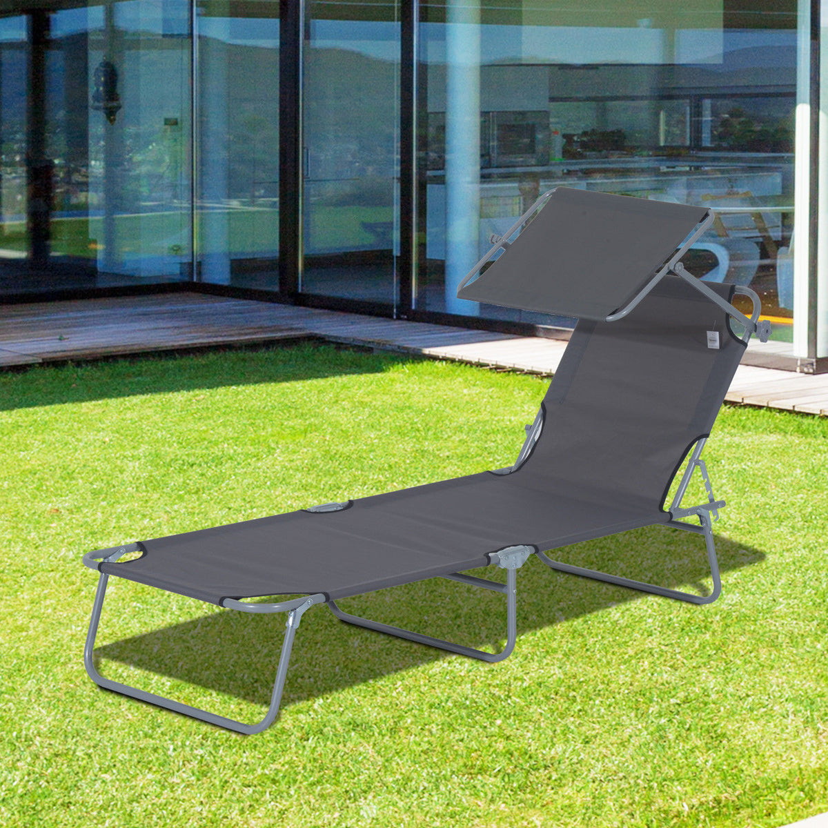 Outsunny Tumbona De Jardín Plegable Con Toldo Desmontable 187x58x36cm Gris_1