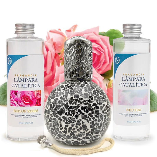 Pack Ahorro Lámpara Catalítica Mosaico Negro + Fragancia Bed Of Roses 200ml + Limpiador Neutro 200ml + Mecha De Repuesto_0