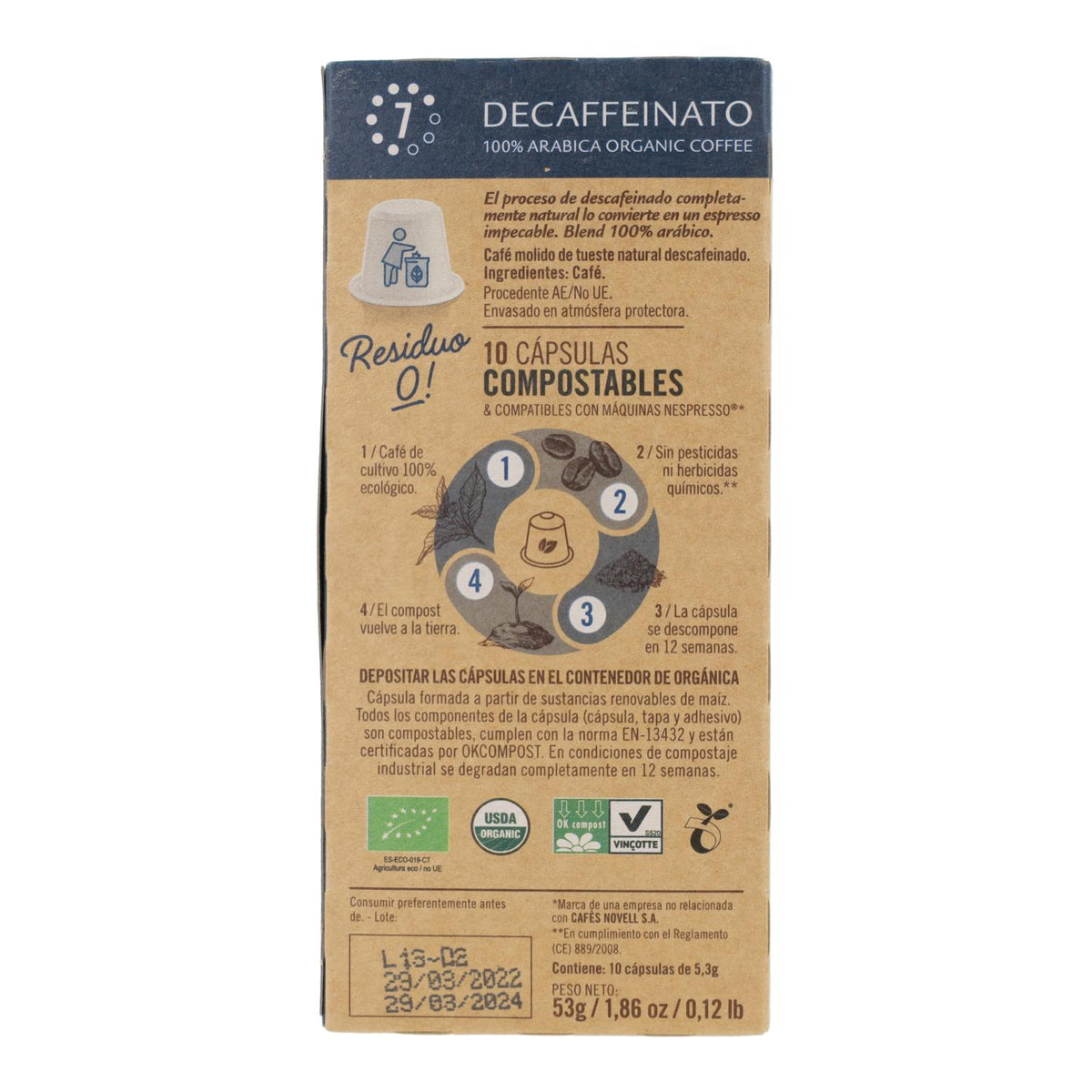 Cápsulas compostables de café descafeinado para nespresso Novell 10 unidades
