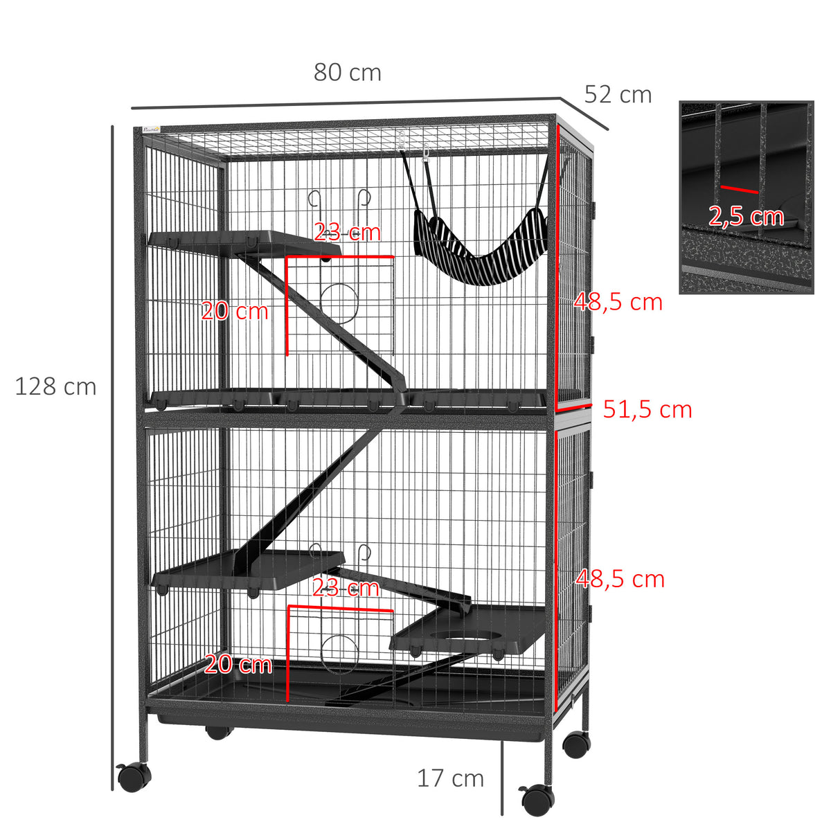 Pawhut Jaula Para Animales Pequeños De 4 Niveles Con Ruedas 80x52x128 Cm Gris_2