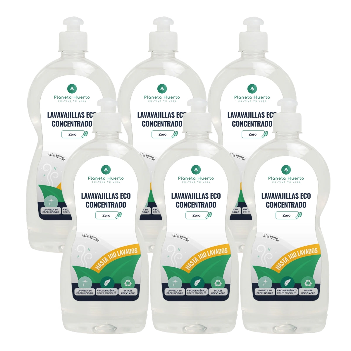 Pack 6xLavavajillas manual hipoalergénico sin perfume ECO Planeta Huerto 750 ml