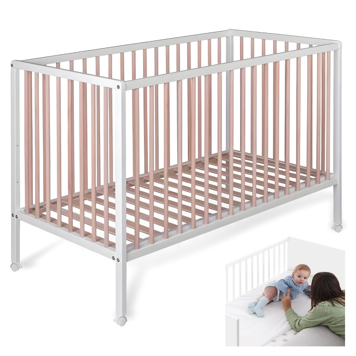 Cuna Colecho De Bebé Laponia Color Natural 120x60 Cm Madera De Haya, 3 Alturas De Somier Y 4 Ruedas Con Freno_0