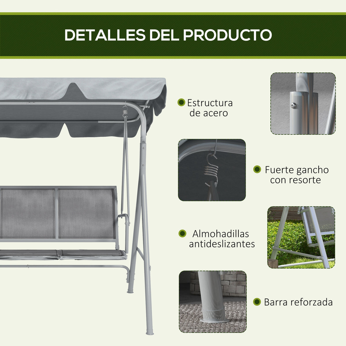 Outsunny Columpio Balancín Jardín De 3 Plazas Con Toldo Ajustable Terraza Gris_5