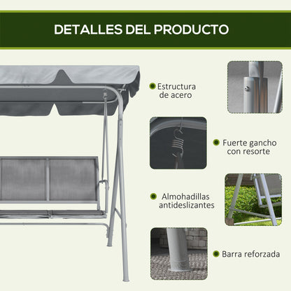 Outsunny Columpio Balancín Jardín De 3 Plazas Con Toldo Ajustable Terraza Gris_5