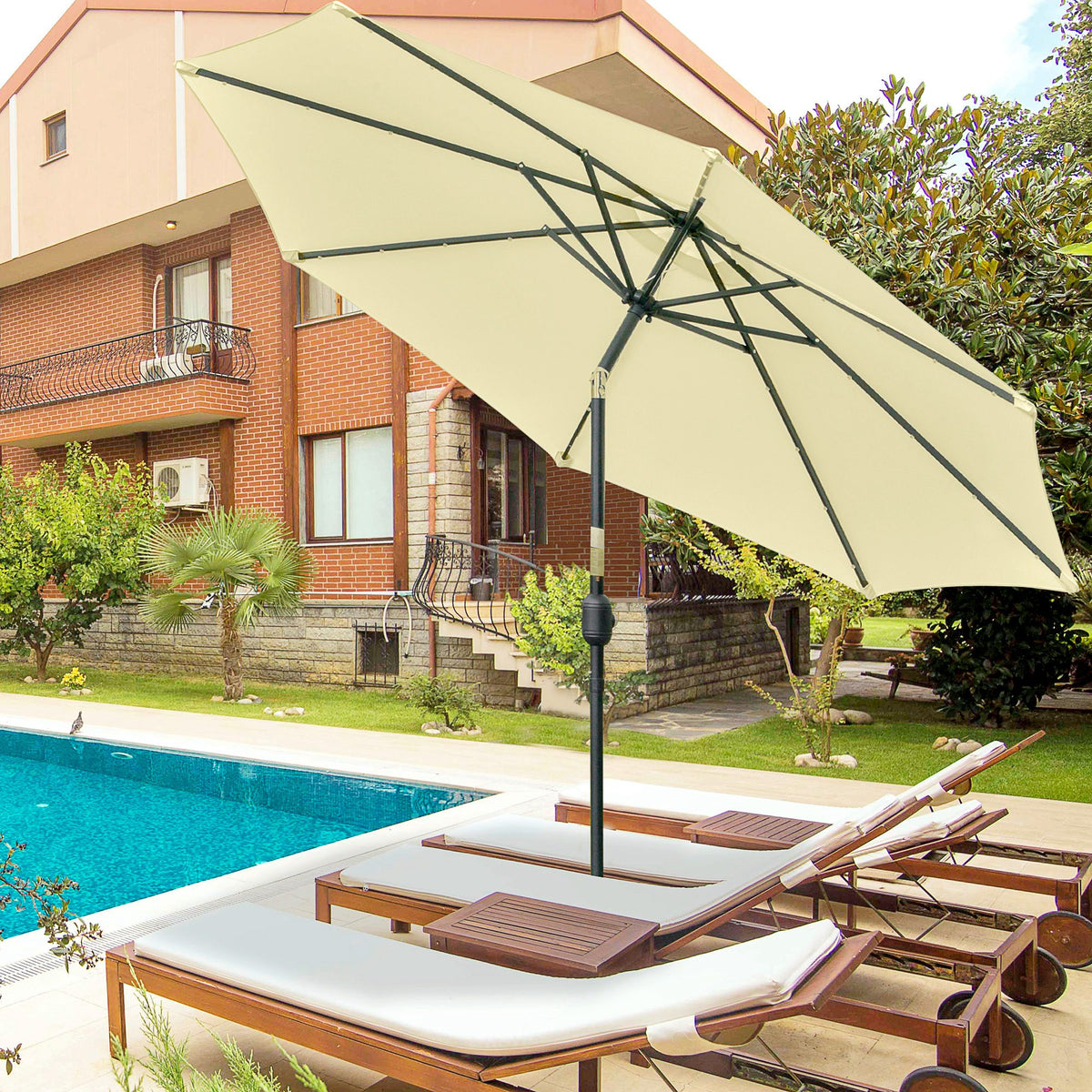 Outsunny Sombrilla Jardín Con 32 Luces Led Solares Inclinable Ø265x233 Cm Beige_1