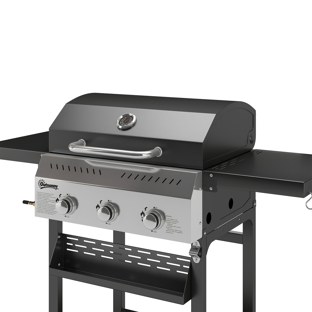 Outsunny Barbacoa De Gas Con 3 Quemadores 9 Kw Termómetro Mesas Laterales Negro_4