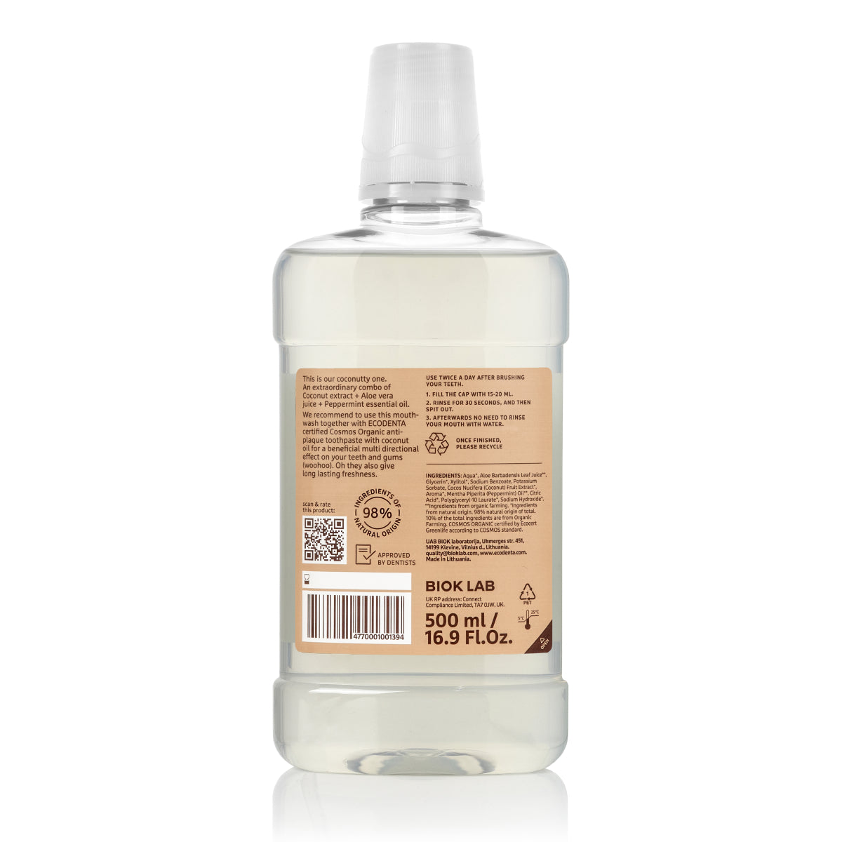 Enjuague bucal Aliento Fresco sabor Aloe Vera, Menta y Coco Bio EcoDenta 500 ml