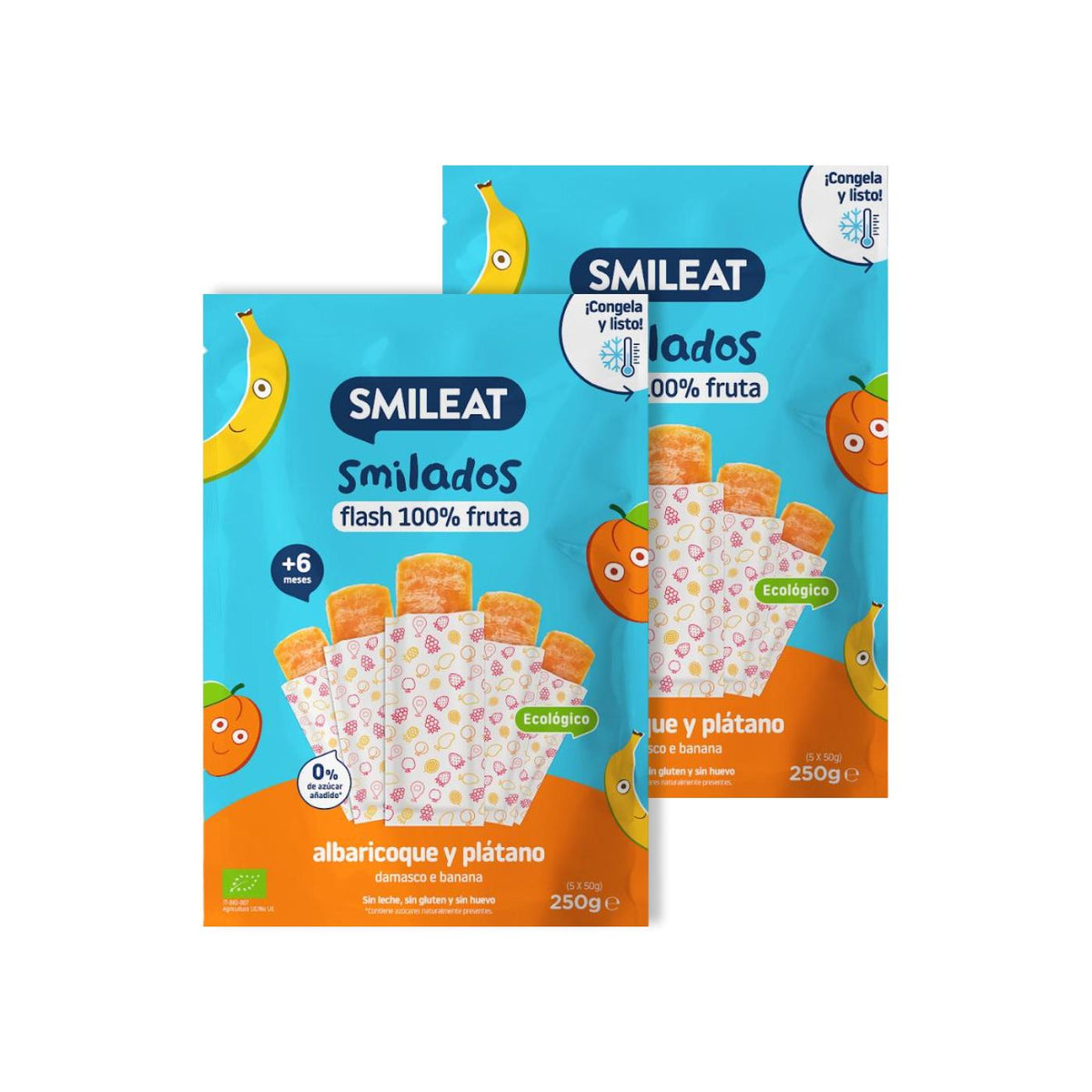 Pack 2x SMILADO albaricoque y plátano ecológico, helado flash infantil 100% fruta SMILEAT