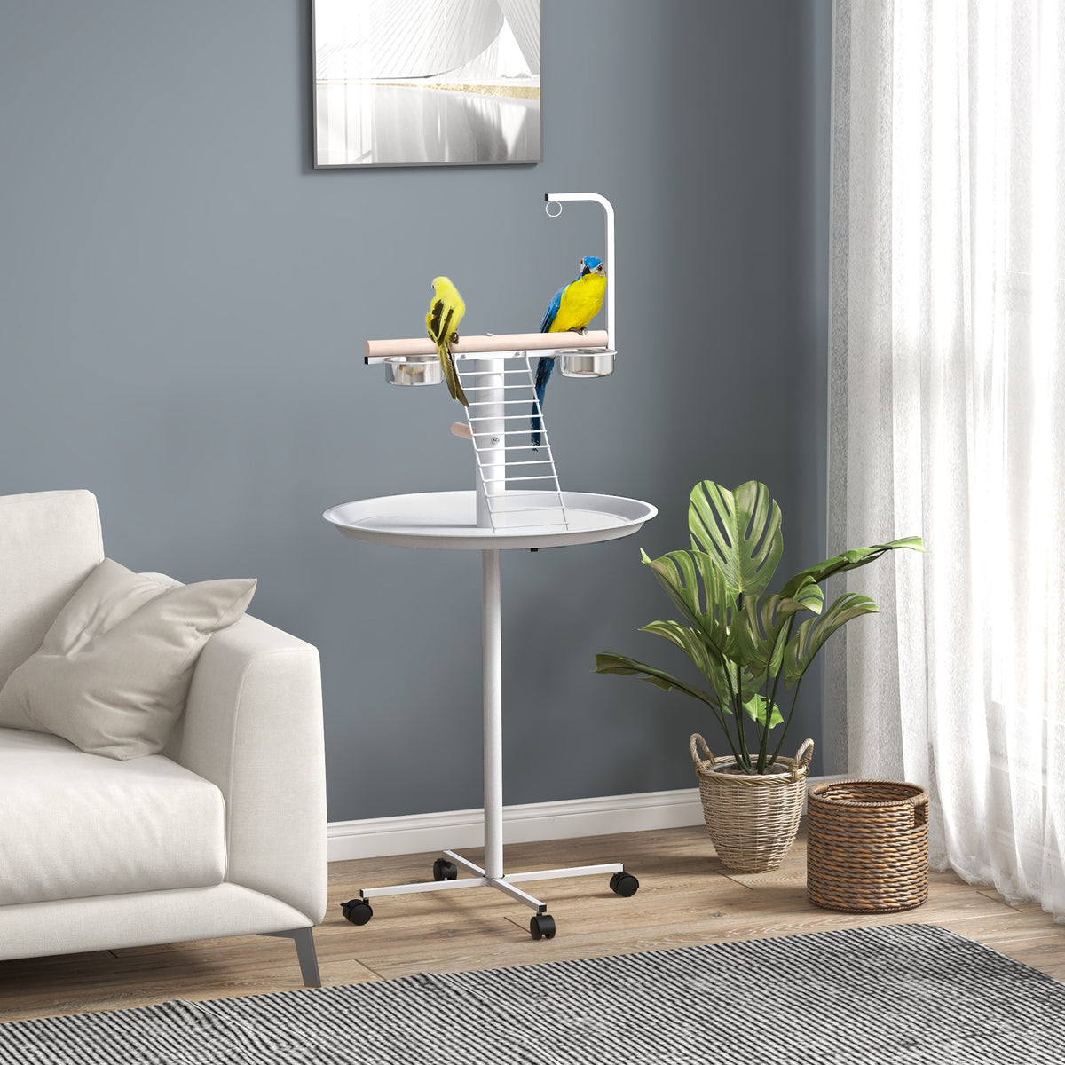 Pawhut Comedero De Pájaros Para Exterior Con Ruedas Ø60x138 Cm Blanco_1