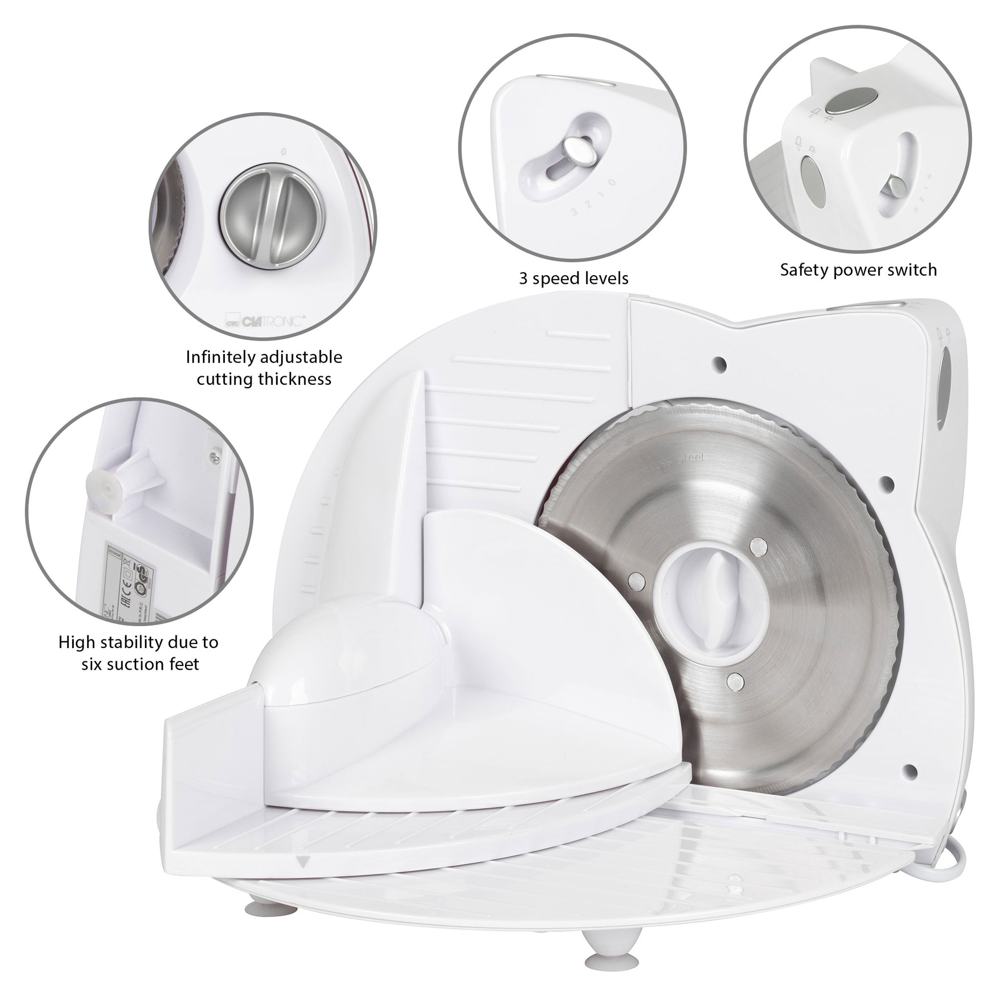 Cortafiambres Plegable, Cuchilla Especial Acero Inox., Corte Ajustable, 3 Velocidades, Compacto Clatronic As2958_4