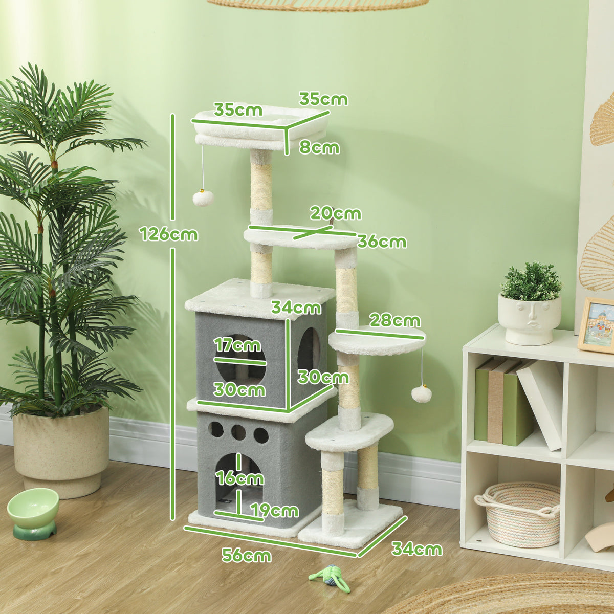 Pawhut Árbol Rascador Para Gatos 126 Cm Con Plataformas Bolas Colgantes Crema_2