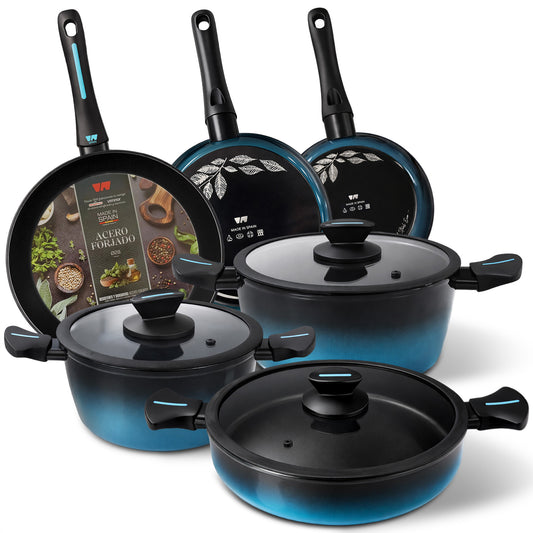 Briebe Batería Cocina Inducción Acero Forjado 9 Piezas Antiadherente Sin Pfoa, Fabricada En España, Mare, Azul_0