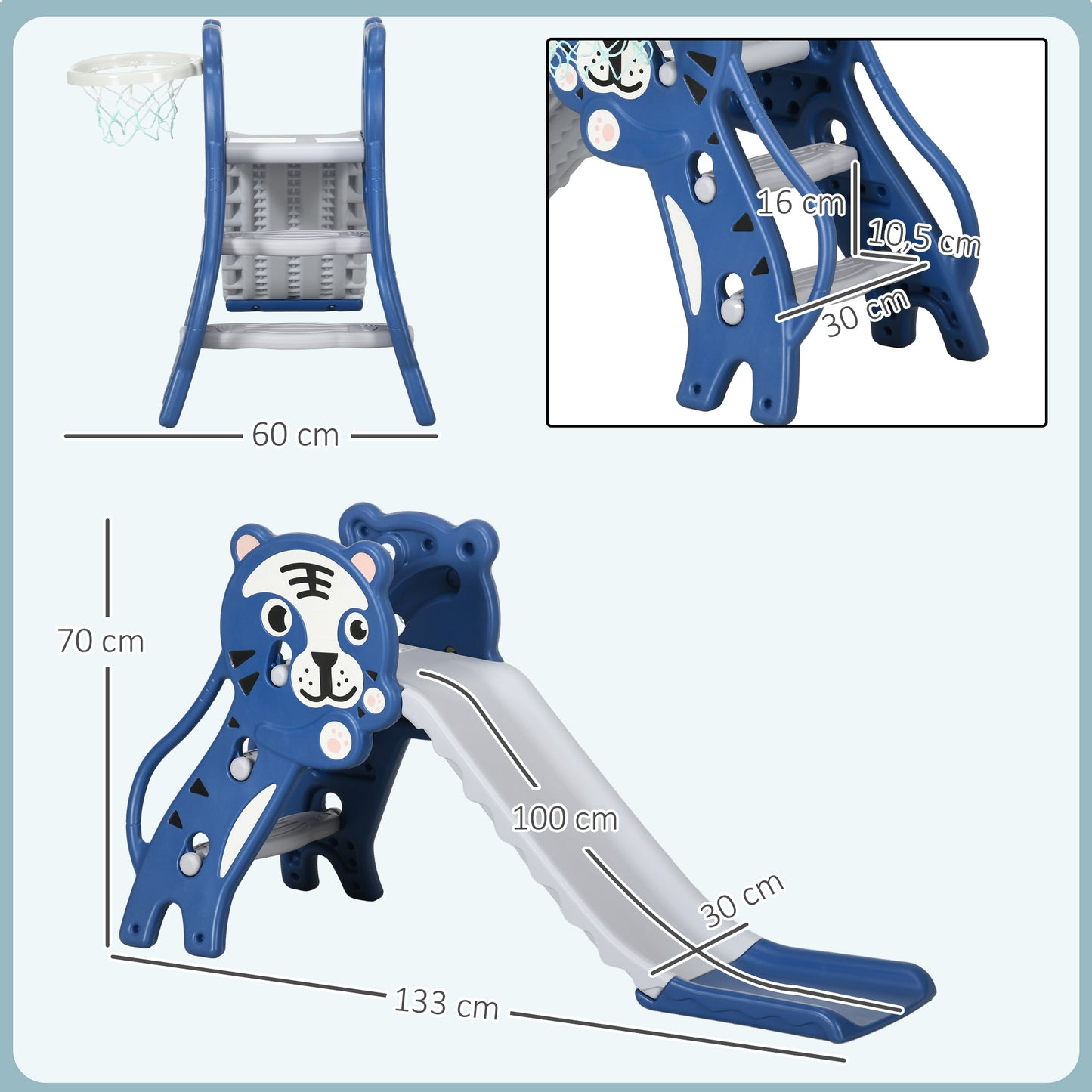 Aiyaplay Tobogán Infantil 3 En 1 Con Patrón De Tigre 133x60x70 Cm Azul Y Gris_2