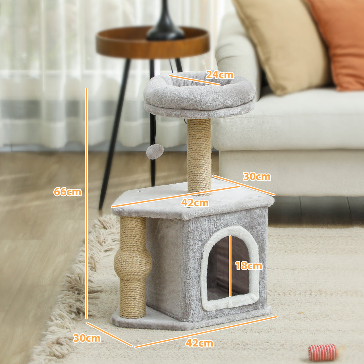 Pawhut Árbol Rascador Para Gatos Altura 66 Cm Con Cama Poste De Yute Gris Claro_2