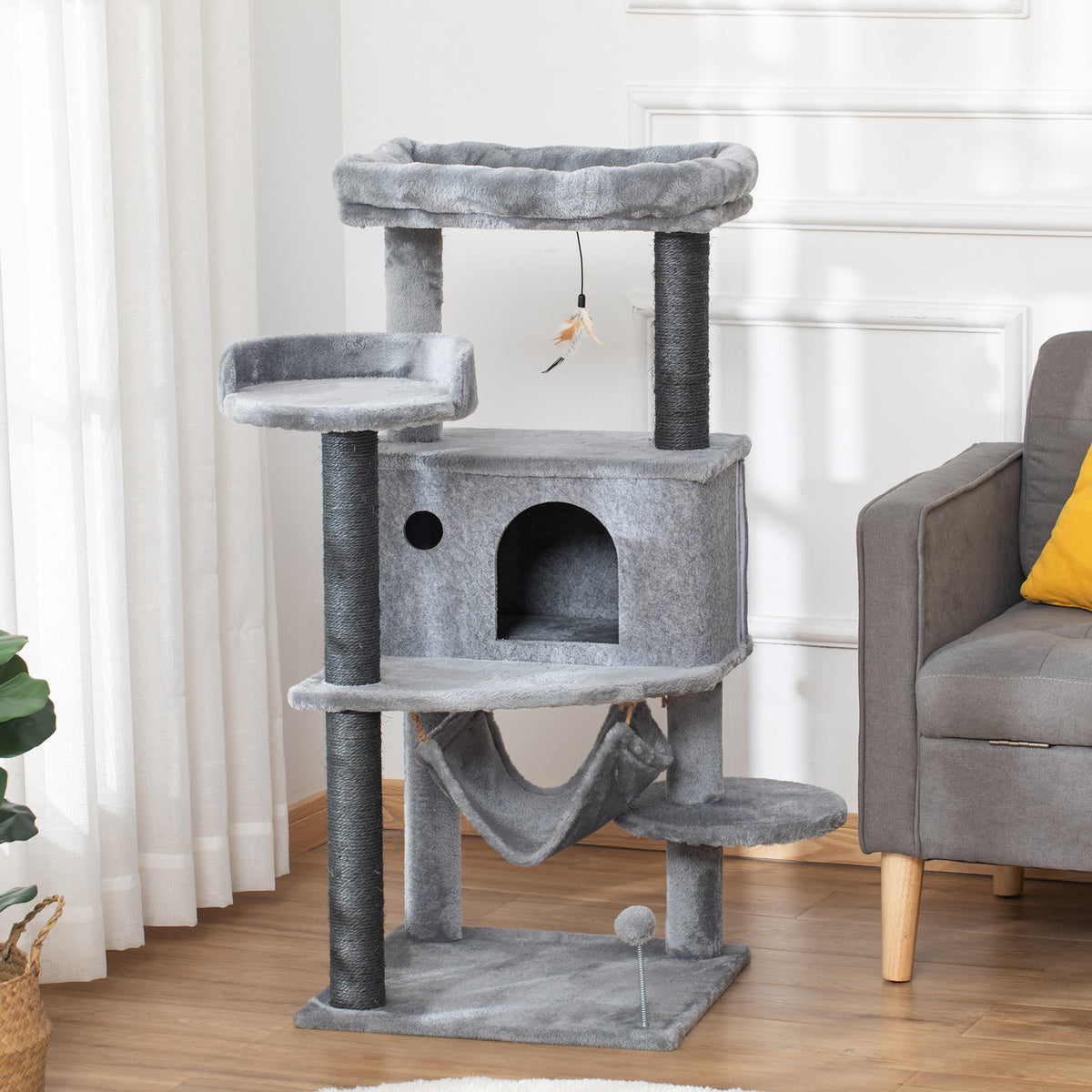 Pawhut Árbol Rascador Gatos 48x48x107cm Con Cueva De Fieltro Desmontable Hamaca_1