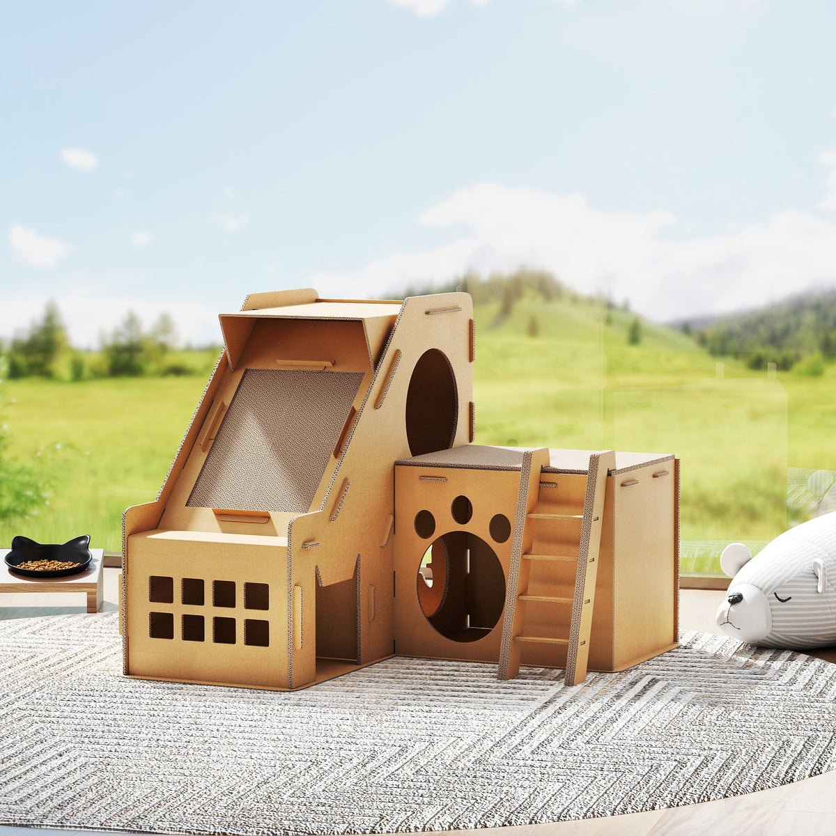 Pawhut Rascador Cartón Para Gatos Forma Castillo 2 En 1 67x66x57 Cm Marrón_3
