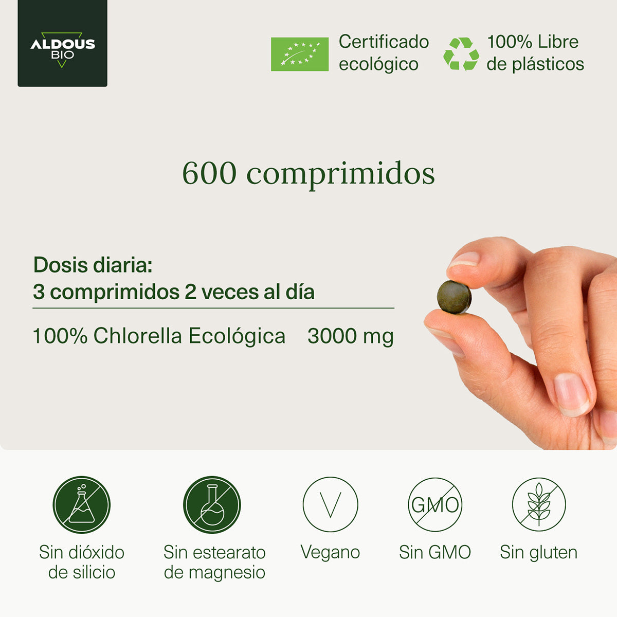Chlorella Ecológica Premium, Aldous Bio, 600 comprimidos