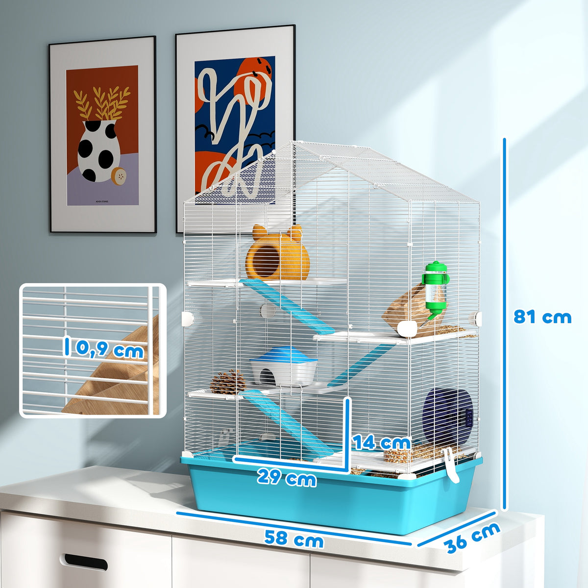 Pawhut Jaula Para Hámster De 5 Niveles Con Plataformas 58x36x81 Cm Azul Claro_2