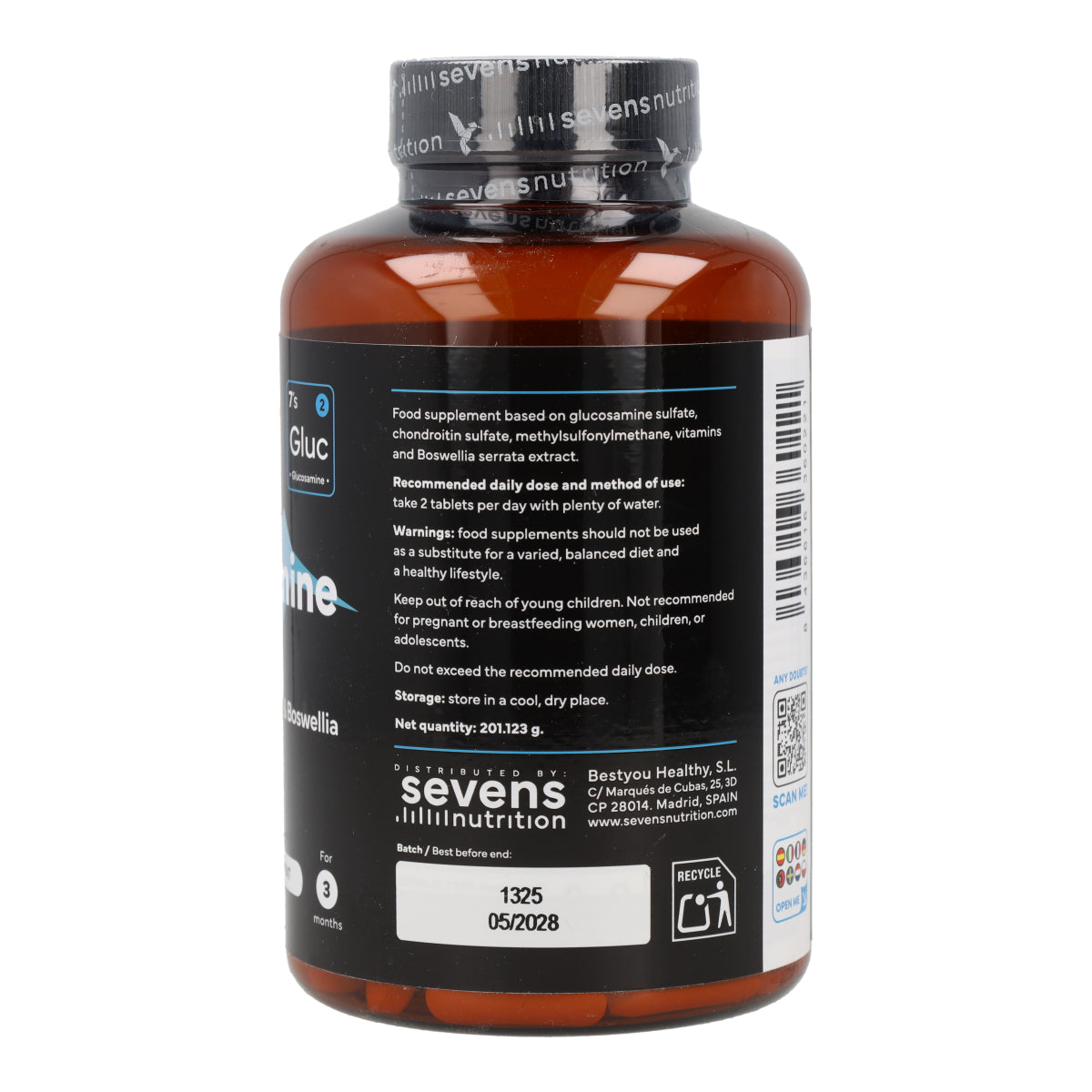 Glucosamina con Condroitina MSM Boswellia Vitaminas C y D3 Sevens Nutrition 180 cápsulas