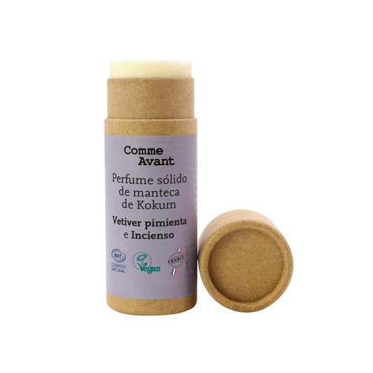 Perfume sólido amaderado y especiado con manteca de kokum Vetiver pimientado e Incienso Comme Avant 20 ml