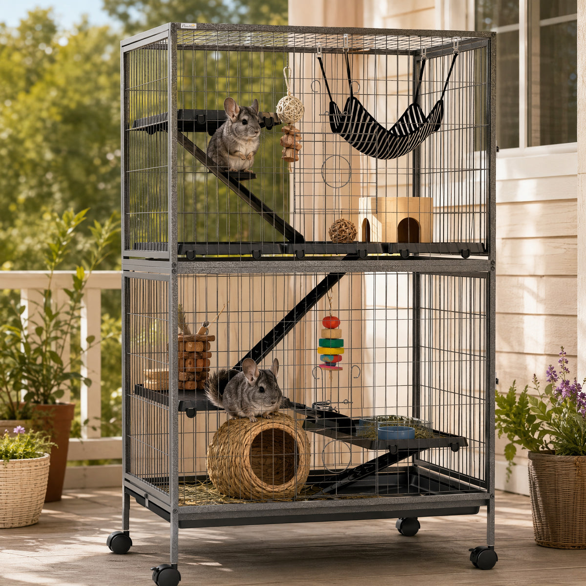 Pawhut Jaula Para Animales Pequeños De 4 Niveles Con Ruedas 80x52x128 Cm Gris_4