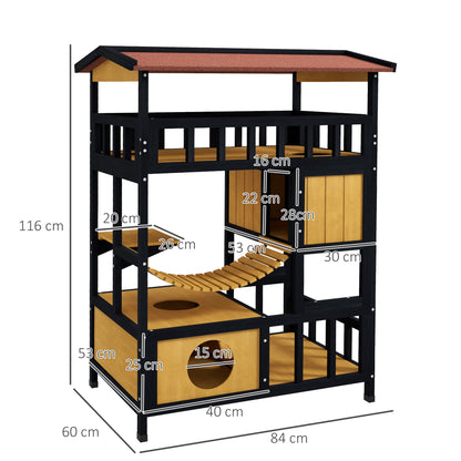 Pawhut Caseta Para Gatos De Madera 84x60x116 Cm Con Puente Colgante Natural_2