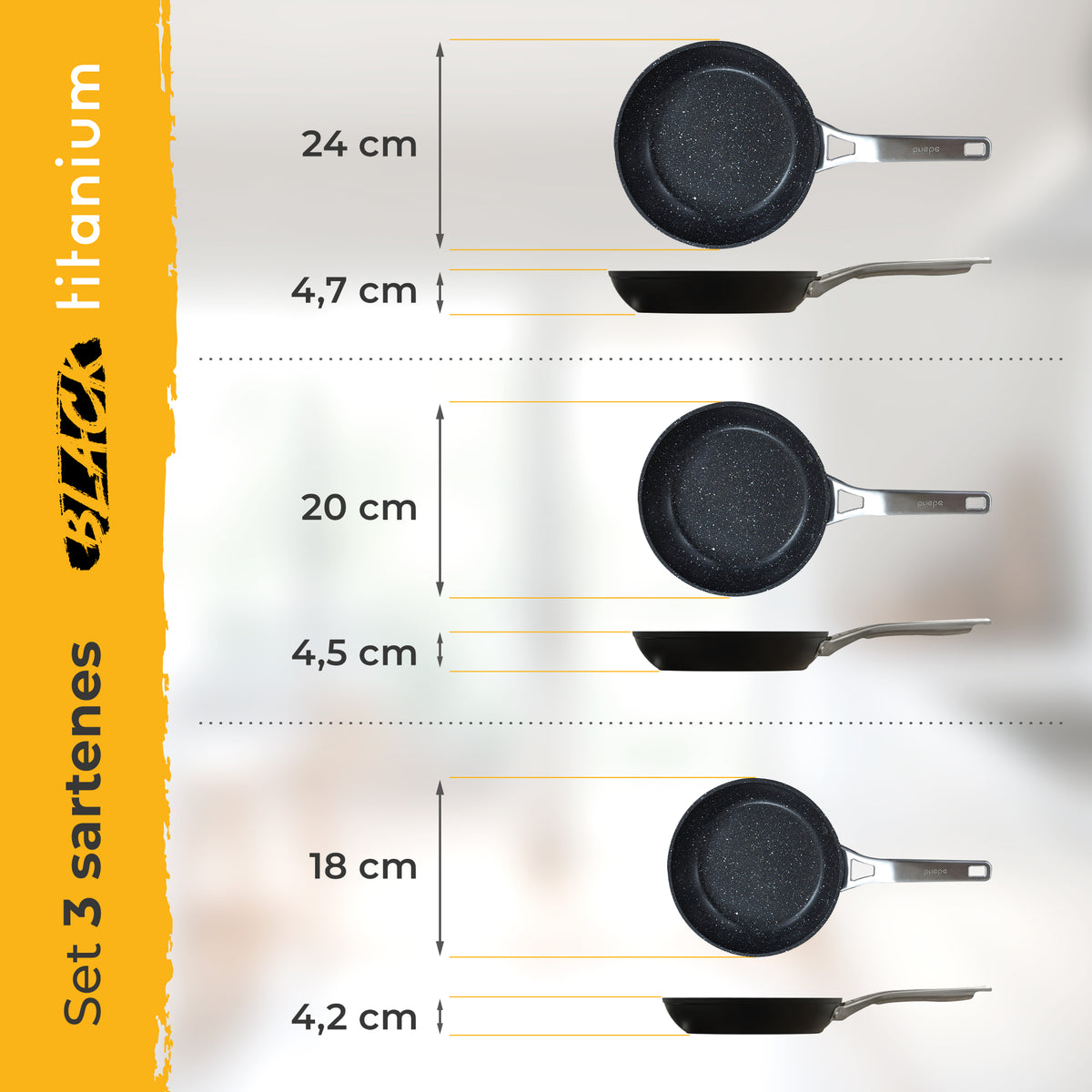 Briebe Set 3 Sartenes Antiadherentes Inducción Titanio 18-20-24cm, Aluminio Forjado Antiadherente, Black Titanium_4
