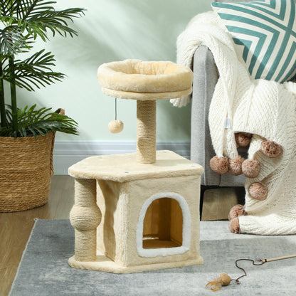 Pawhut Árbol Rascador Para Gatos Altura 66 Cm Con Cama Poste De Yute Beige_1