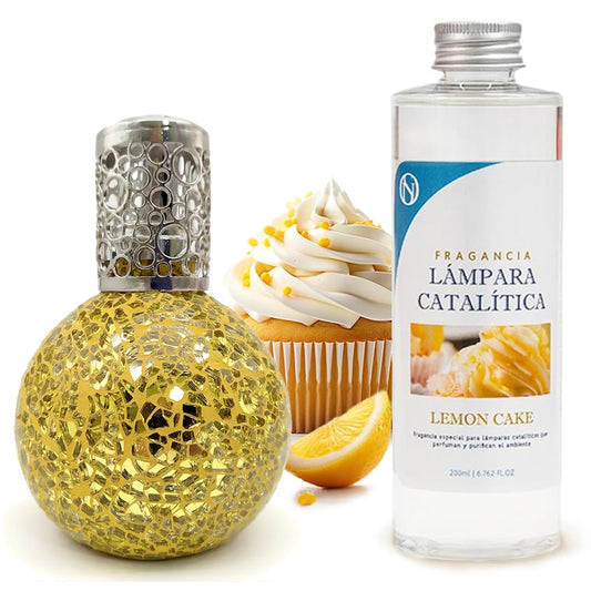 Lámpara Catalítica Mosaico Dorado + Aroma Lemon Cake 200 Ml - Elimina Malos Olores, Impurezas Y Perfuma_0