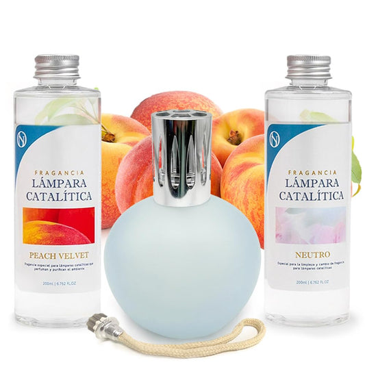 Pack Lámpara Catalítica Azul Grisáceo Mate + Fragancia Peach Velvet 500ml + Limpiador Neutro 200ml + Mecha Repuesto_0